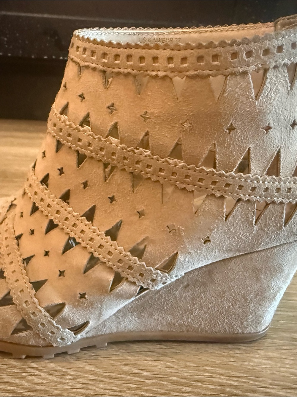 Via Spiga Tan Suede Laser-Cut Wedge Bootie